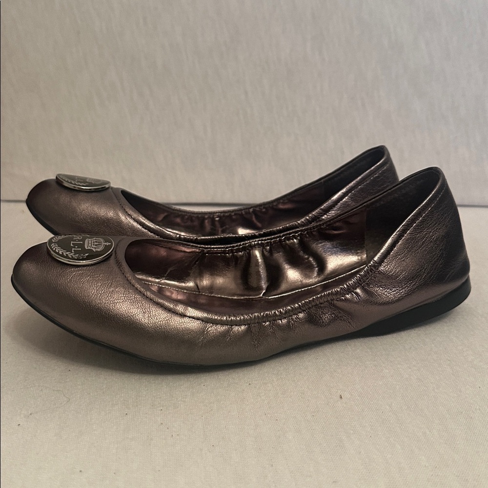 Lauren Ralph Lauren Shiny Pewter Metallic Ballet Flats with RL Logo Size 7.5 - Picture 10 of 14